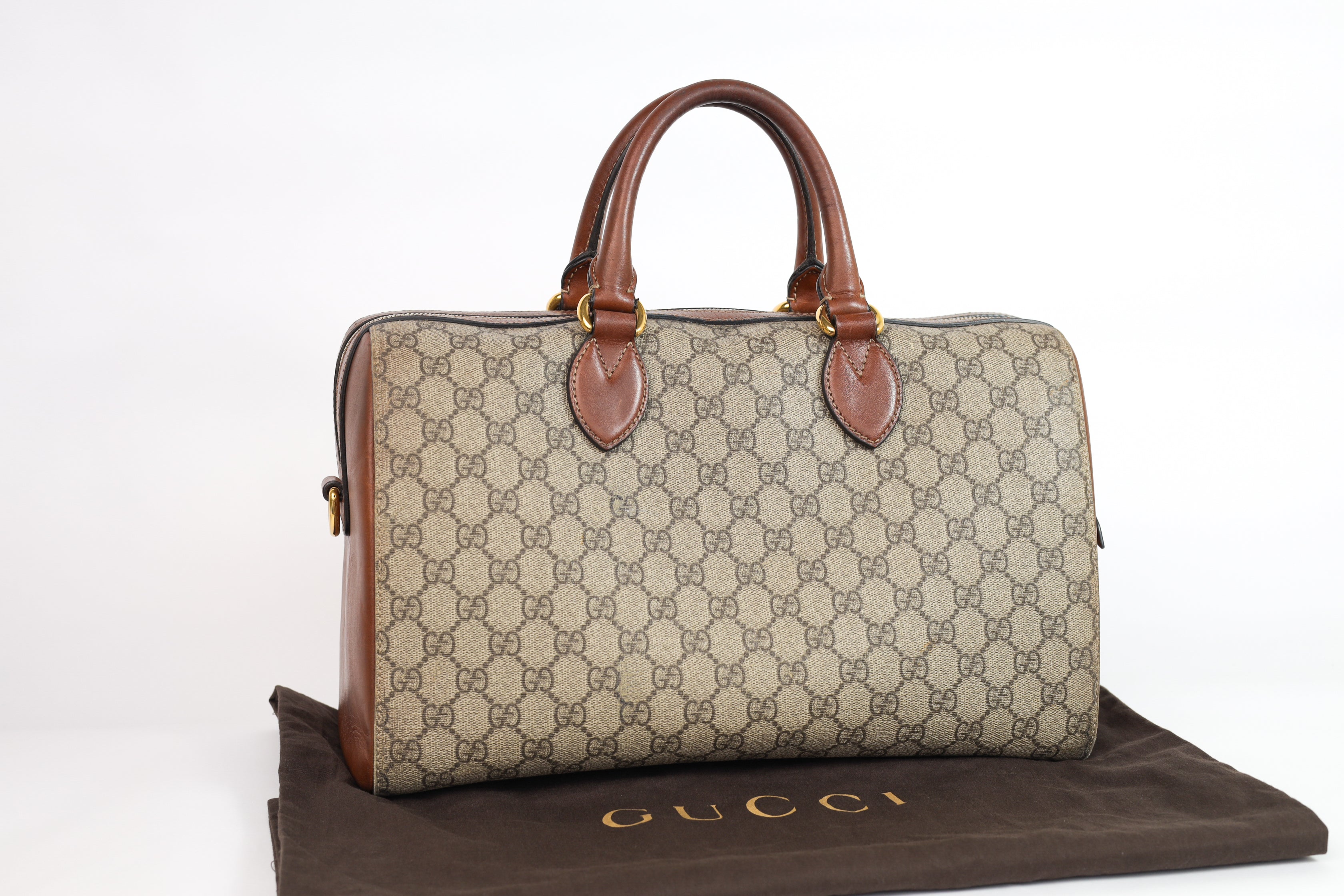 Authentic Gucci Boston Supreme Medium  Brown in Leather Canvas Monogram Satchel