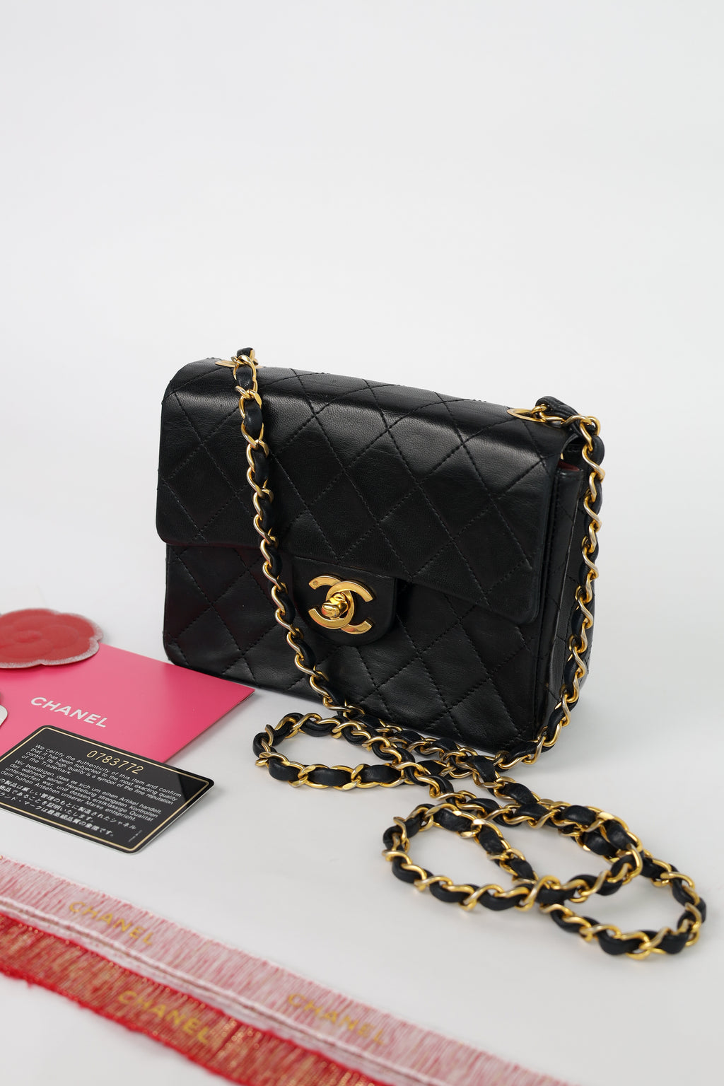 Authentic Chanel Mini square one flap Lambskin chain Shoulder Bag crossbody black