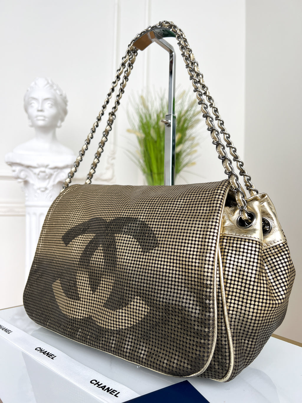 Authentic Chanel tote accordion gold leather chain bag crossbody handbag