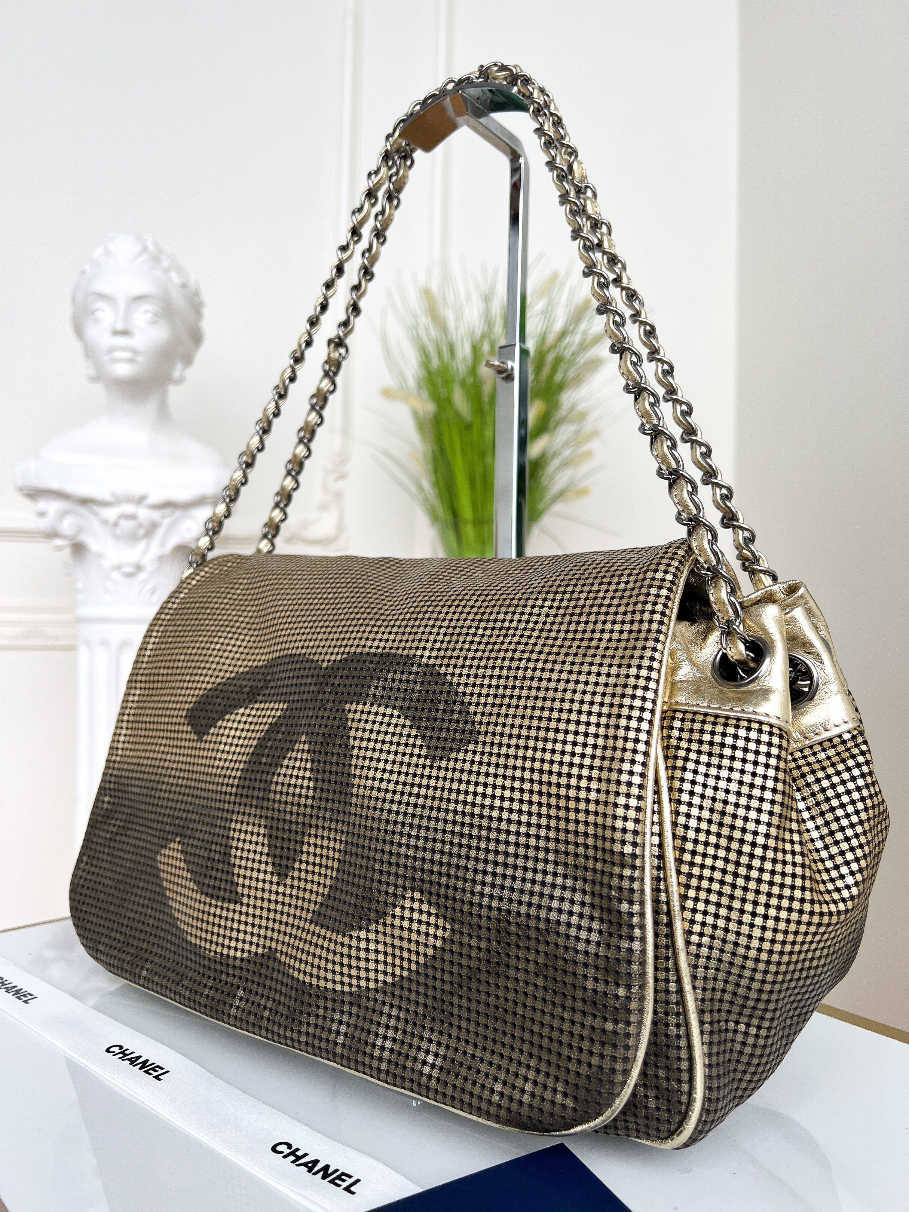 Authentic Chanel tote accordion gold leather chain bag crossbody handbag