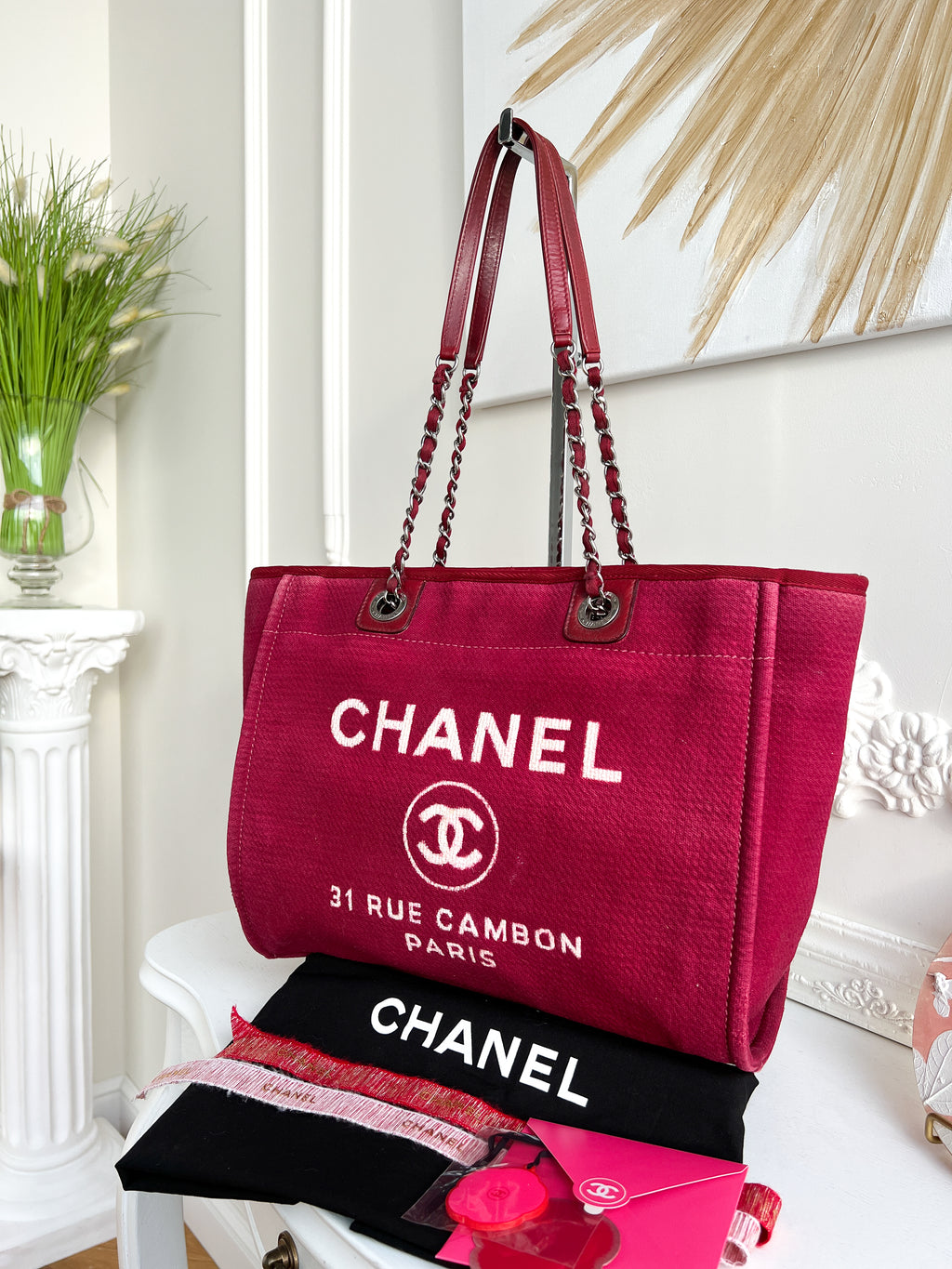 Authentic Chanel Deauville tote red in Cotton Shoulder handbag