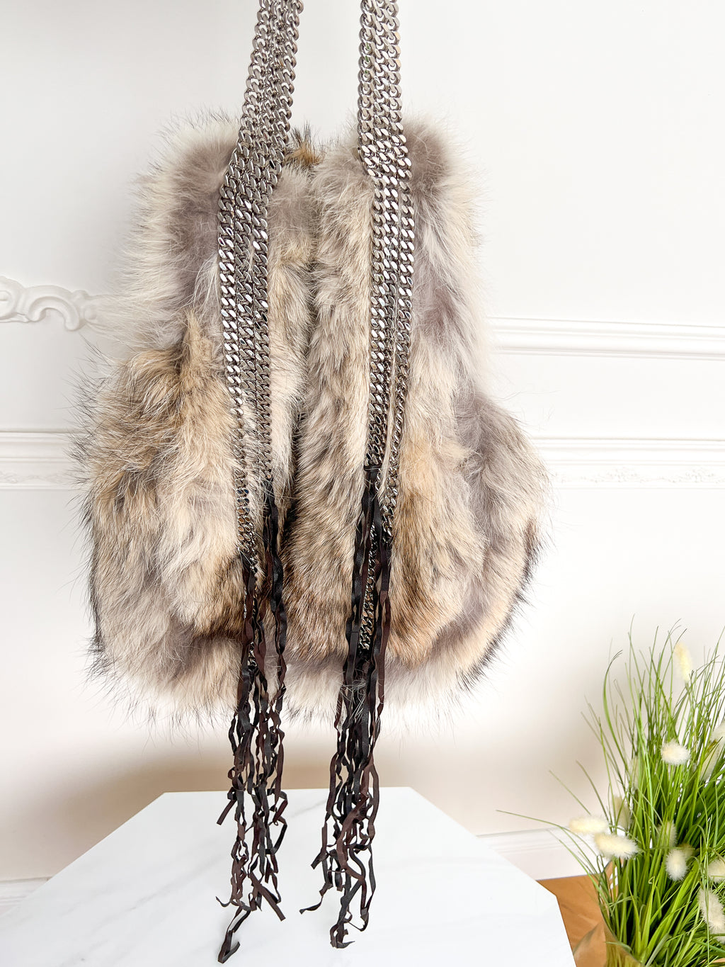 Authentic Christian Louboutin Marianna medium rider coyote fur chains shoulder handbag