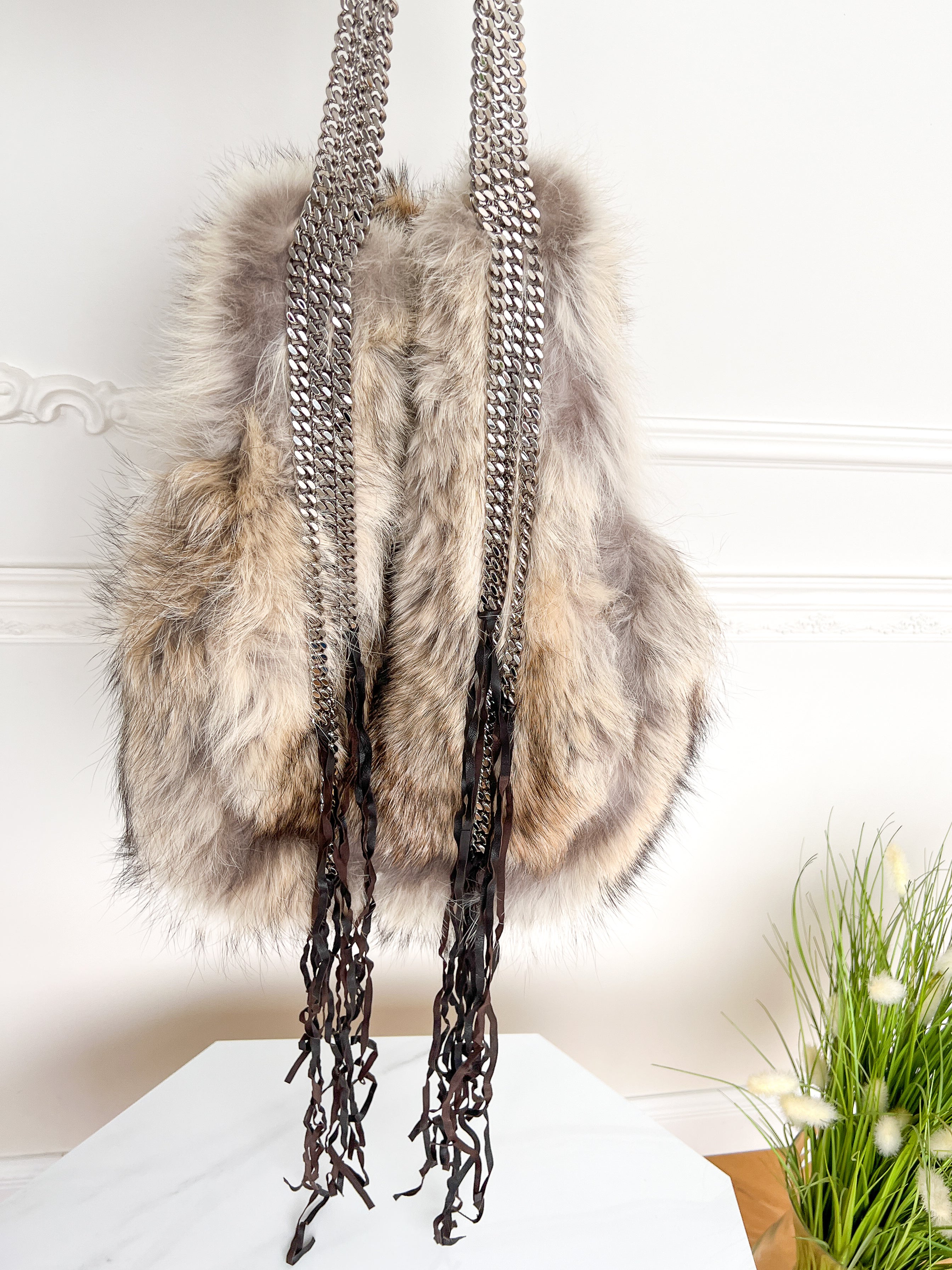 Authentic Christian Louboutin Marianna medium rider coyote fur chains shoulder handbag
