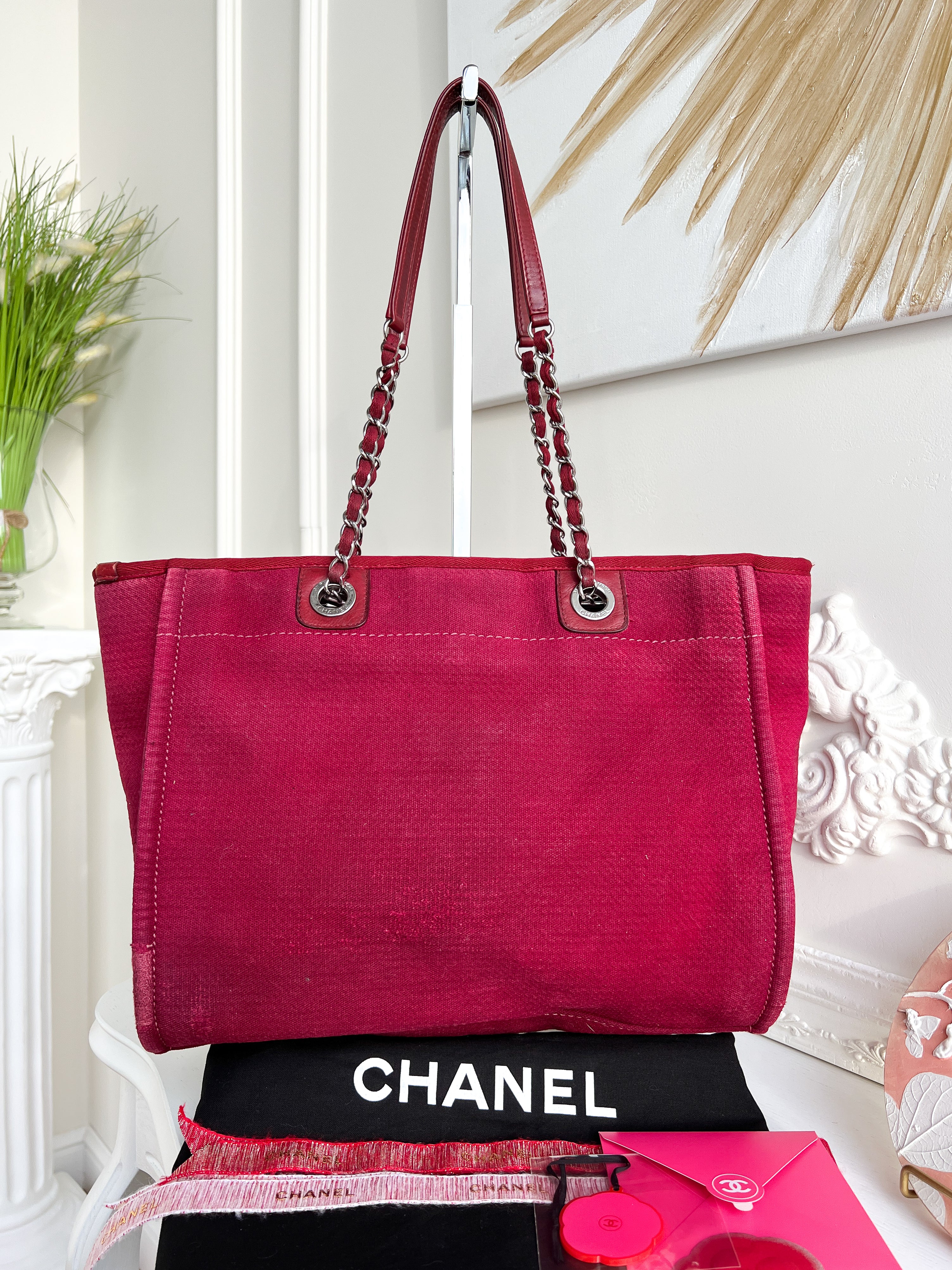 Authentic Chanel Deauville tote red in Cotton Shoulder handbag