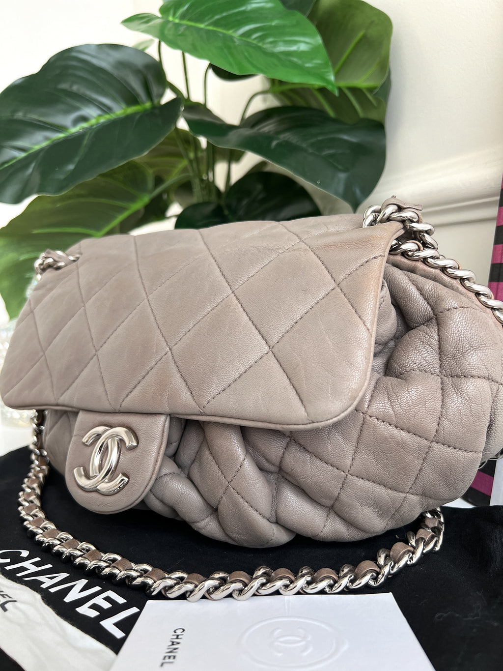 Chanel Quilted Large Chain Flap Taupe Crossbody Gray-Beige Clutch