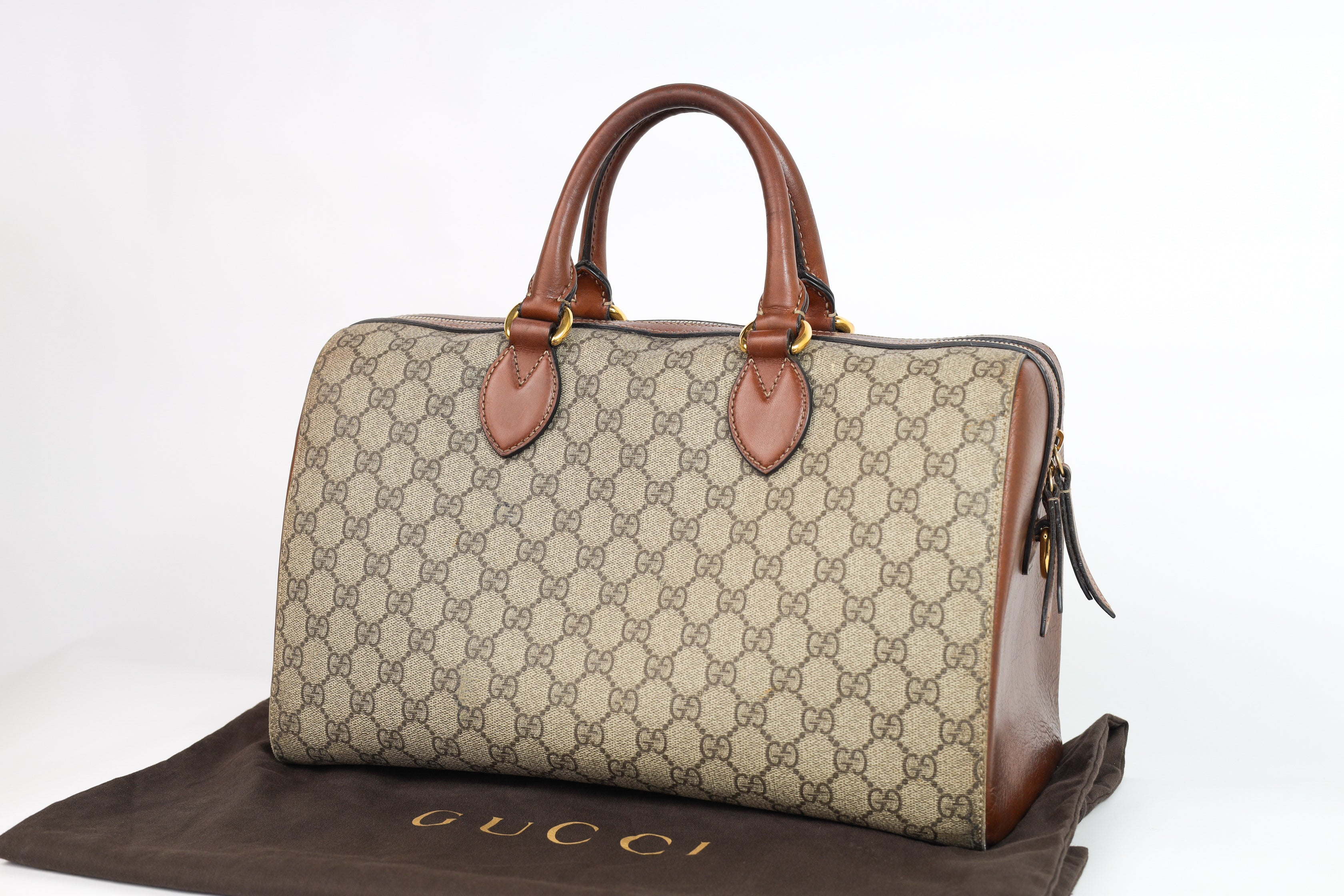 Authentic Gucci Boston Supreme Medium  Brown in Leather Canvas Monogram Satchel