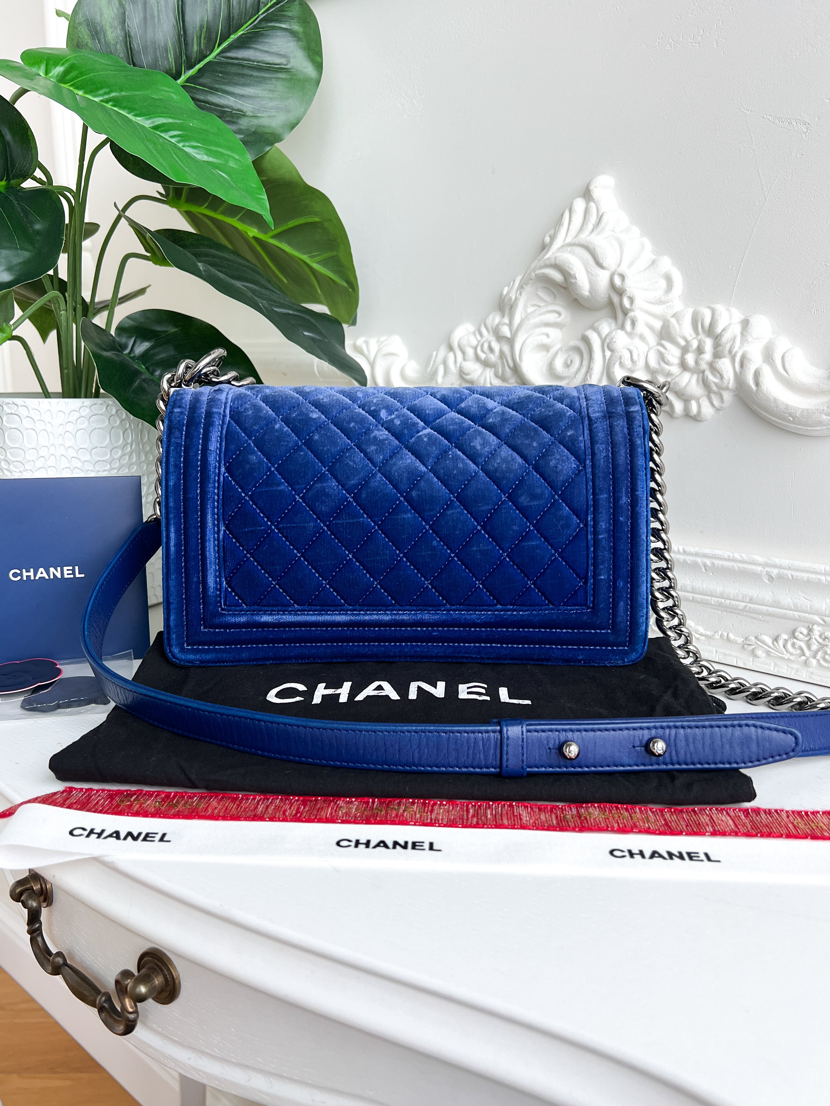 Authentic Chanel Old Boy velvet blue crossbody