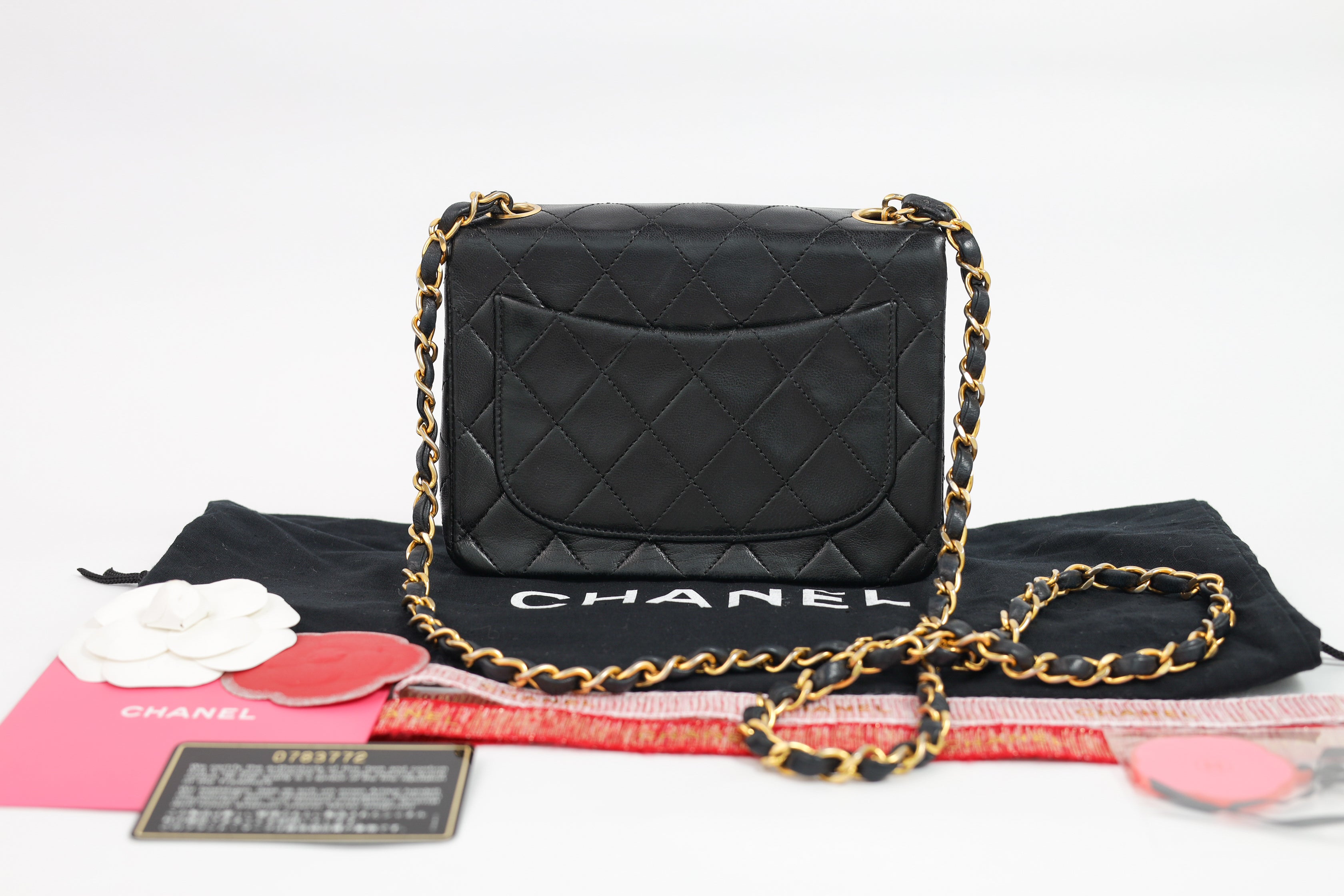 Authentic Chanel Mini square one flap Lambskin chain Shoulder Bag crossbody black