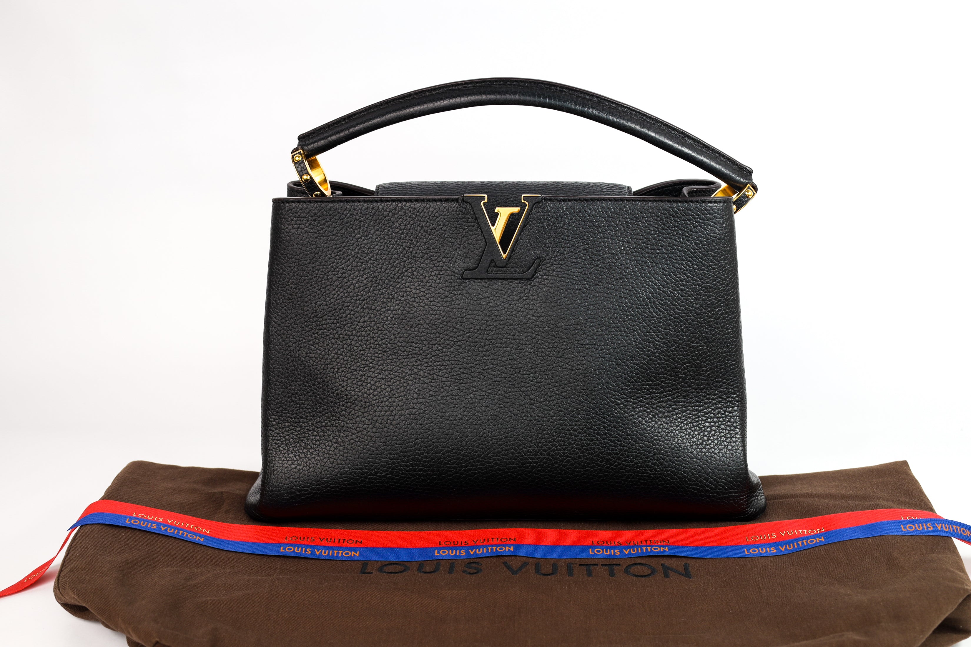 Authentic LV Capucines MM Black Leather Fuchsia Inside Handbag