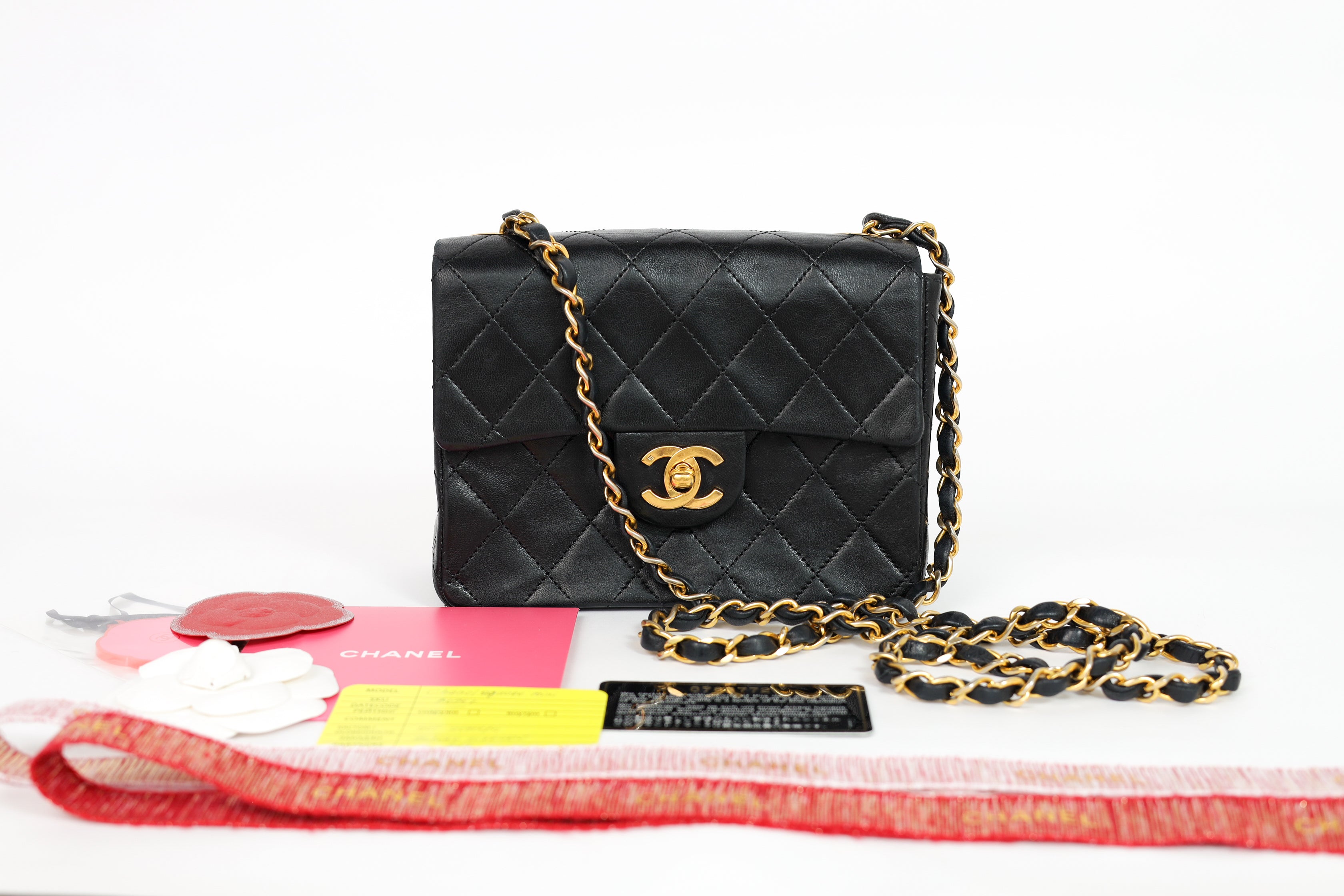 Authentic Chanel Mini square one flap Lambskin chain Shoulder Bag crossbody black
