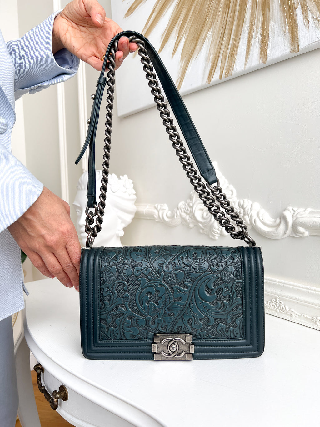 Authentic Chanel old Boy Cordoba Rare Leather dark blue crossbody bag