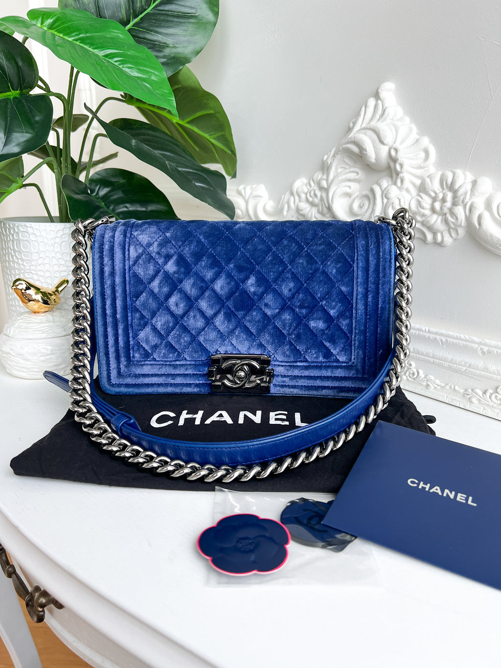 Authentic Chanel Old Boy velvet blue crossbody