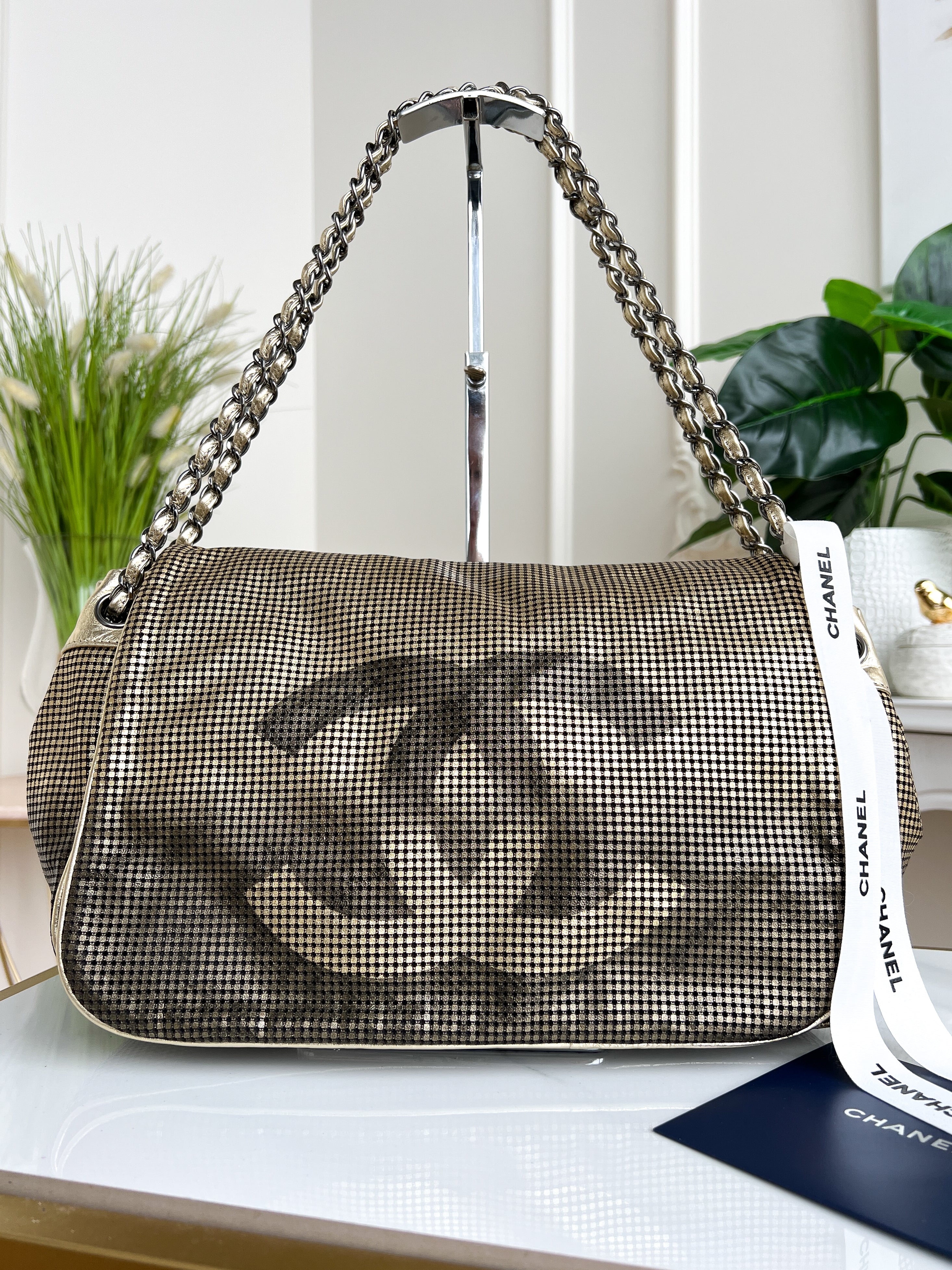 Authentic Chanel tote accordion gold leather chain bag crossbody handbag