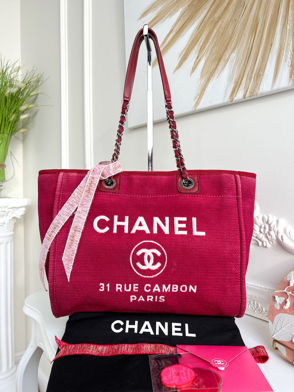 Authentic Chanel Deauville tote red in Cotton Shoulder handbag