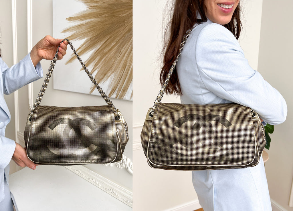 Authentic Chanel tote accordion gold leather chain bag crossbody handbag