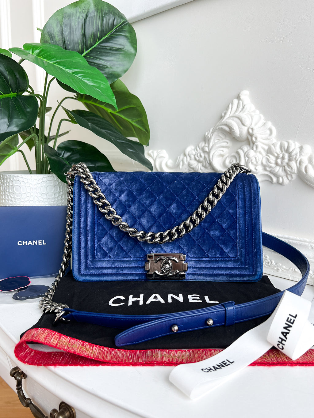 Authentic Chanel Old Boy velvet blue crossbody