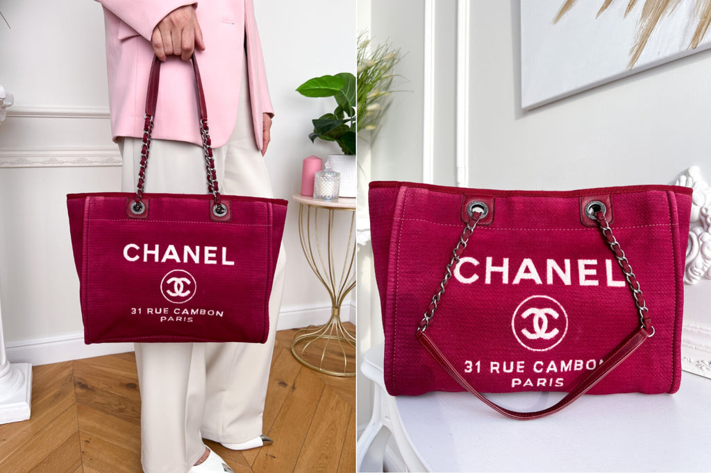 Authentic Chanel Deauville tote red in Cotton Shoulder handbag