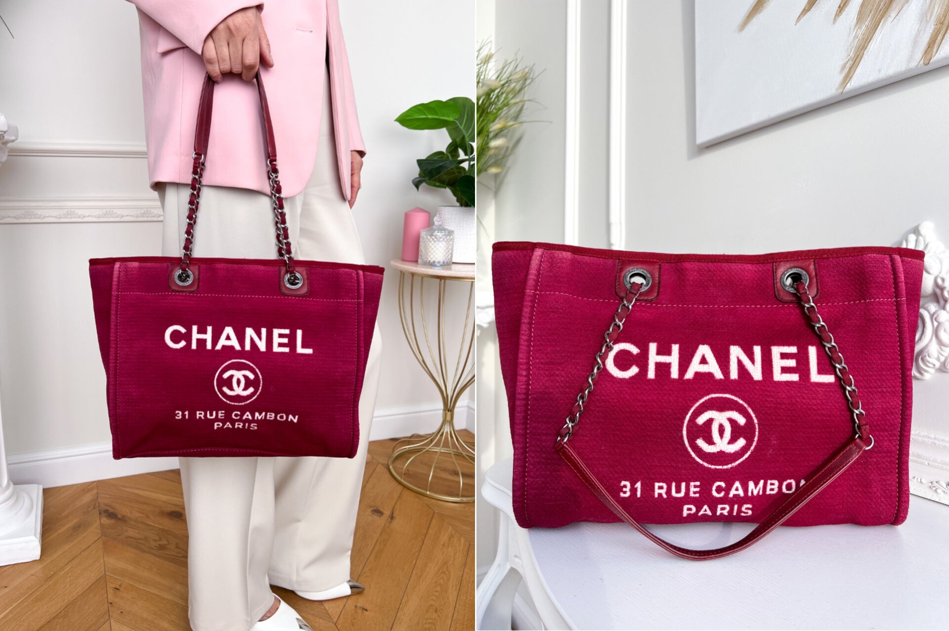 Authentic Chanel Deauville tote red in Cotton Shoulder handbag