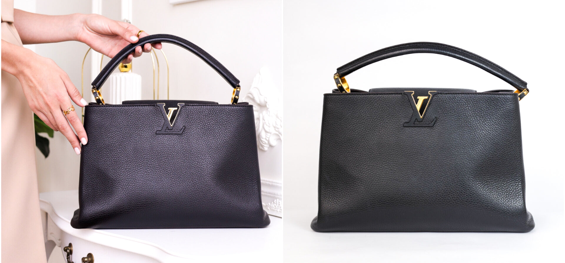 Authentic LV Capucines MM Black Leather Fuchsia Inside Handbag