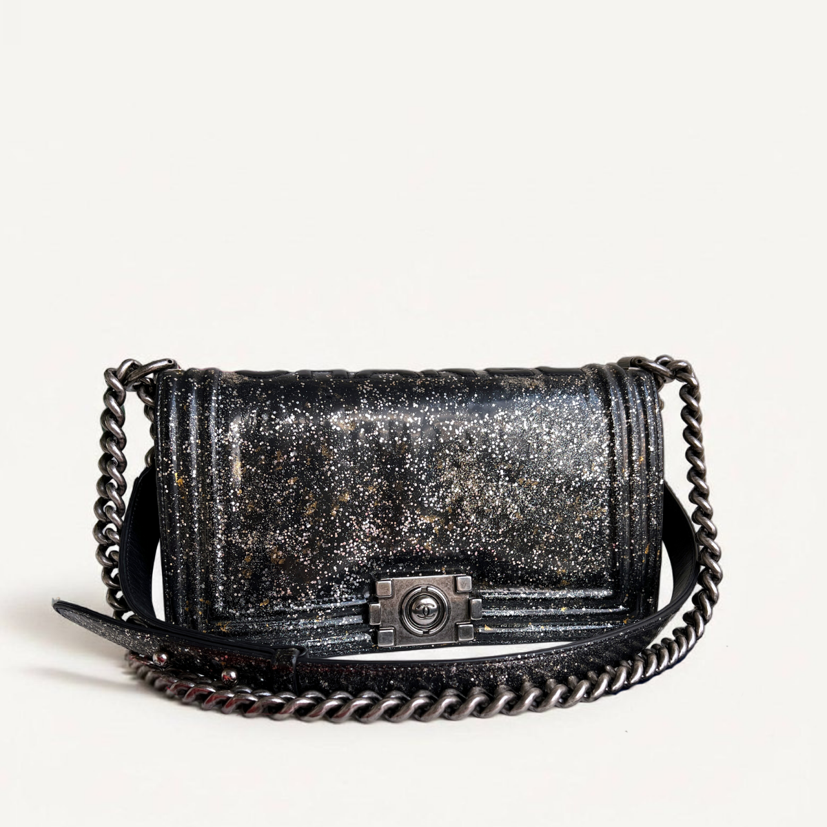 Chanel Old Boy Medium Crystal Glitter Patent Leather Black Bag