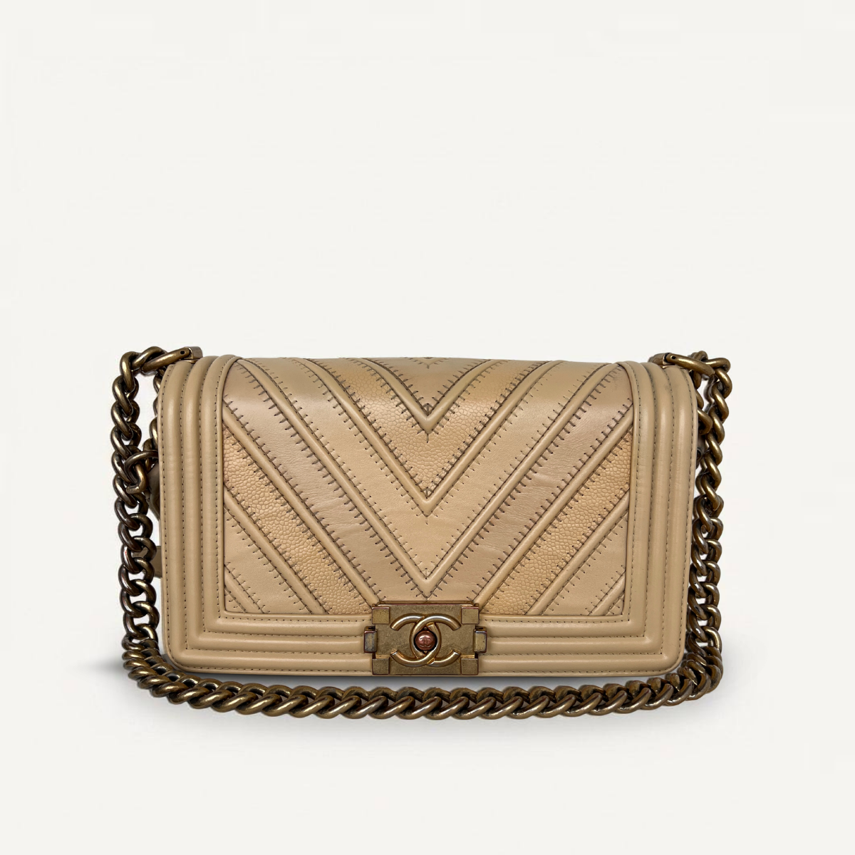 Chanel Boy Old Chevron Lambskin Crossbody Beige Bag