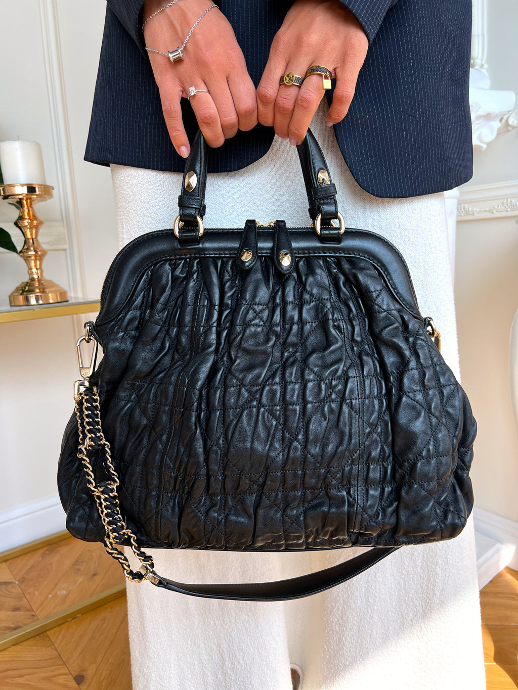 Christian Dior Gaufre Cannage Leather Black Lambskin Delices Bag