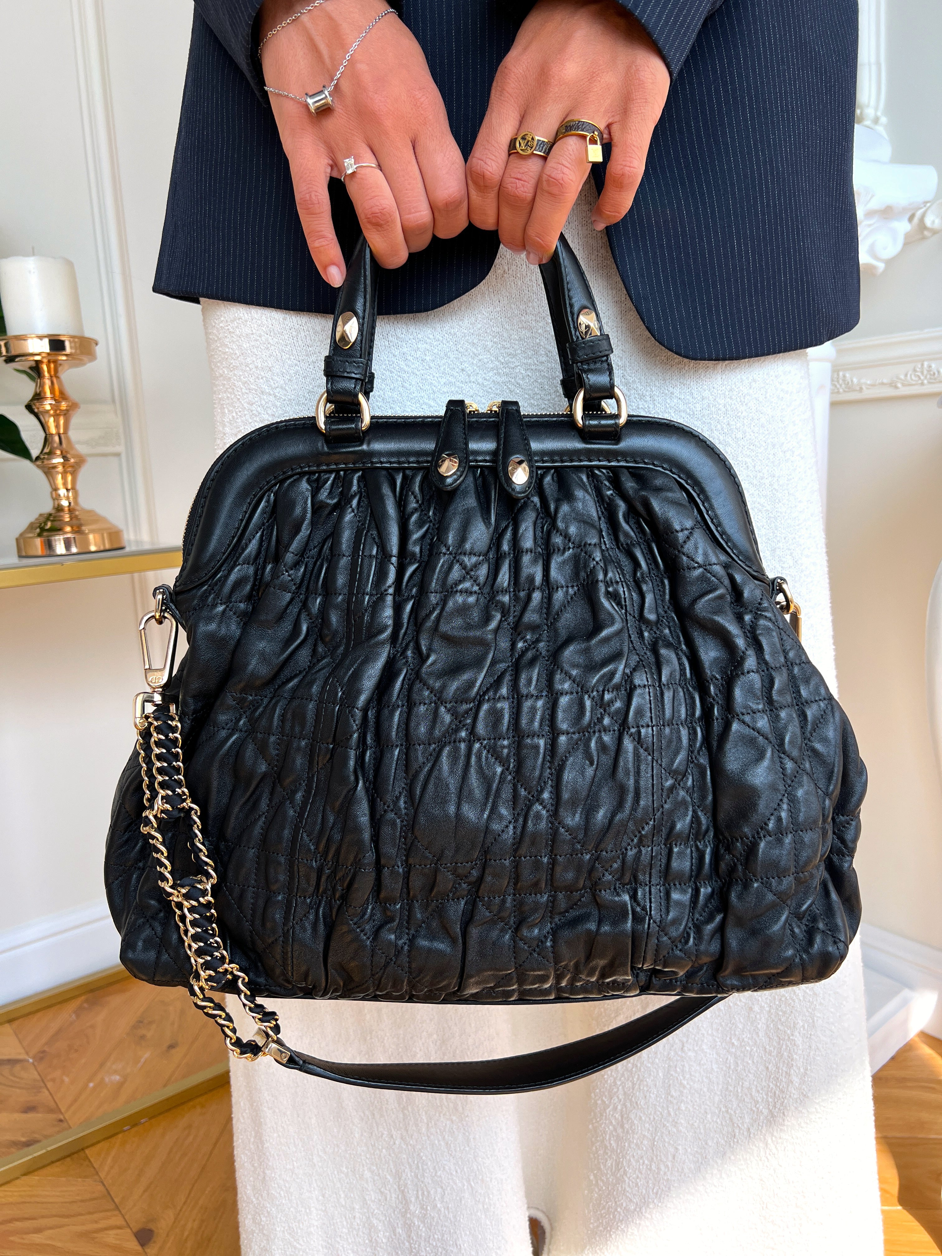 Christian Dior Gaufre Cannage Leather Black Lambskin Delices Bag